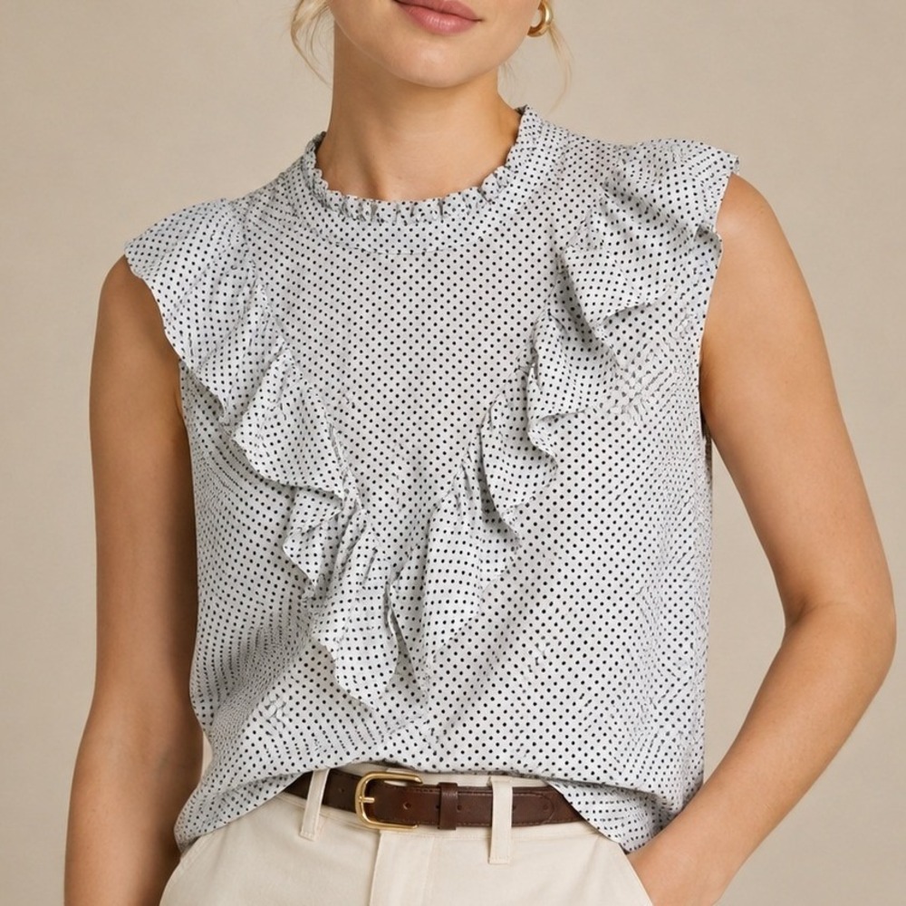 Who What Wear 2X Top Ruffle Mock Neck Polka Dot Sleeveless White Black Blouse